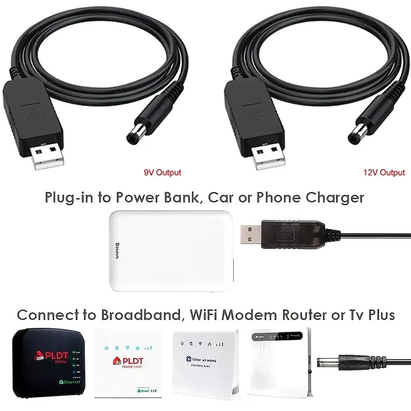 DC 5V to 9V/12V USB Cable WiFi to Powerbank Connector Boost